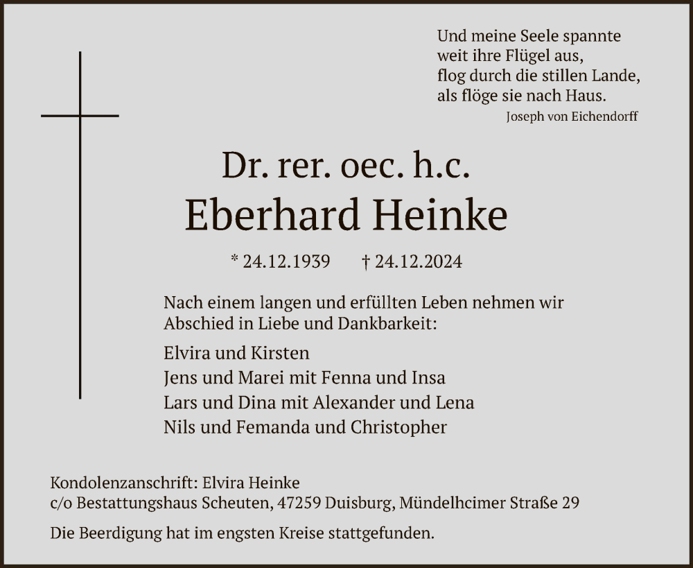 Traueranzeige für Eberhard Heinke vom 11.01.2025 aus WA