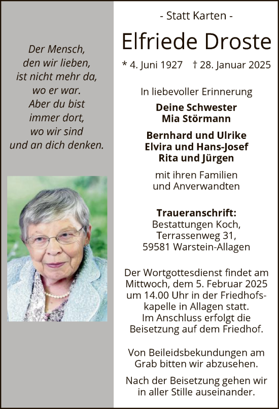 Traueranzeige von Elfriede Droste von WA