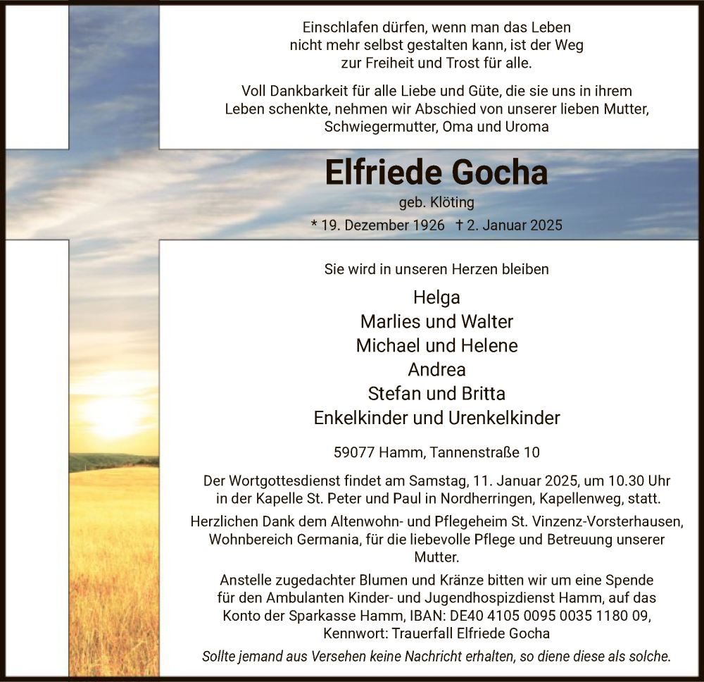  Traueranzeige für Elfriede Gocha vom 08.01.2025 aus WA