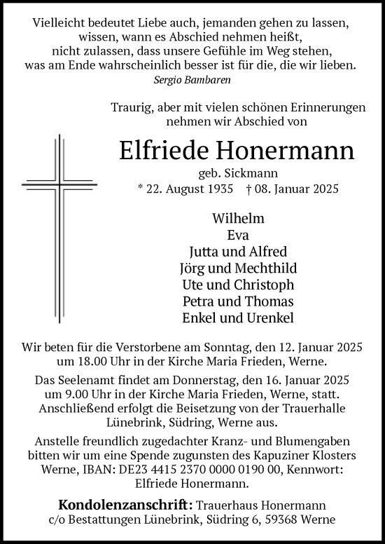 Traueranzeige von Elfriede Honermann von WA