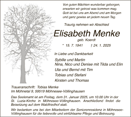 Traueranzeige von Elisabeth Menke von WA