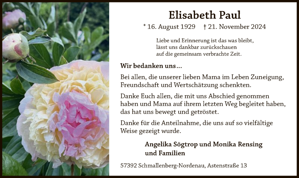  Traueranzeige für Elisabeth Paul vom 11.01.2025 aus WA