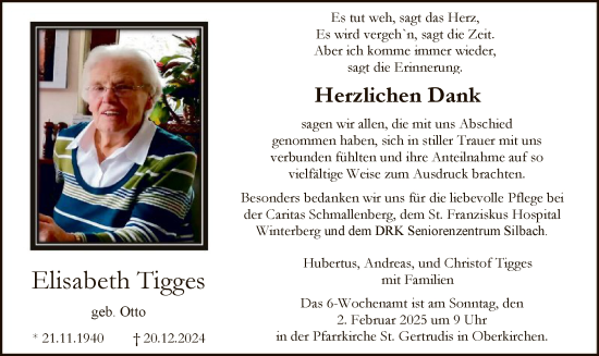 Traueranzeige von Elisabeth Tigges von WA