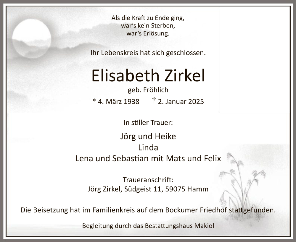  Traueranzeige für Elisabeth Zirkel vom 18.01.2025 aus WA