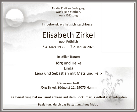Traueranzeige von Elisabeth Zirkel von WA