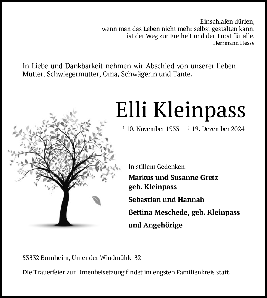  Traueranzeige für Elli Kleinpass vom 11.01.2025 aus WA