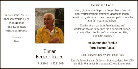 Traueranzeige von Elmar Becker-Jostes von WA