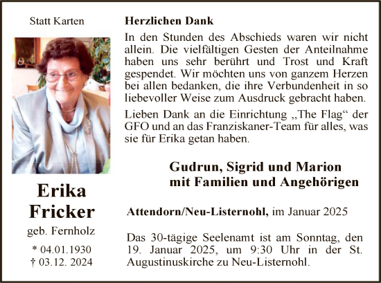 Traueranzeige von Erika Fricker von WA