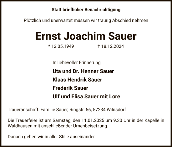 Traueranzeige von Ernst Joachim Sauer von WA