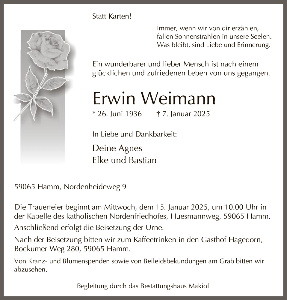  Traueranzeige für Erwin Weimann vom 11.01.2025 aus WA