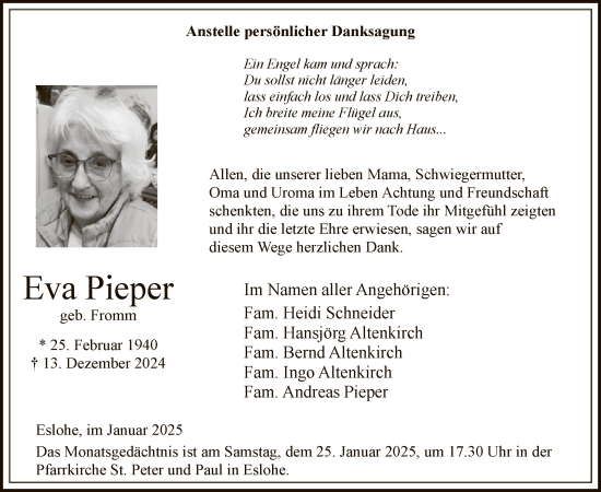 Traueranzeige von Eva Pieper von WA