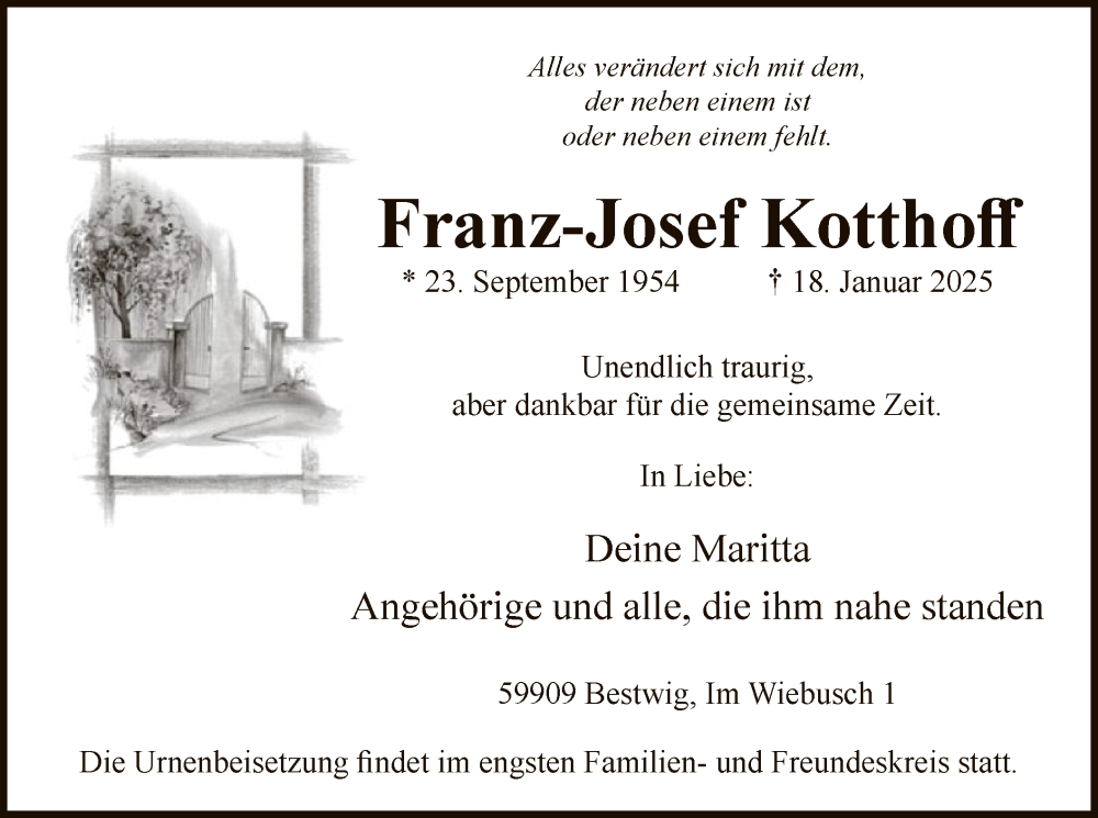  Traueranzeige für Franz-Josef Kotthoff vom 25.01.2025 aus WA