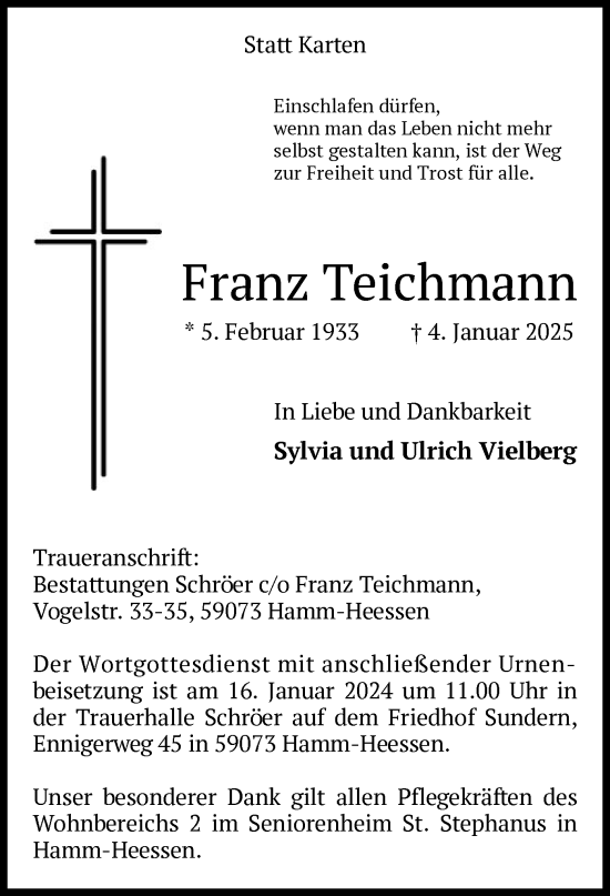 Traueranzeige von Franz Teichmann von WA