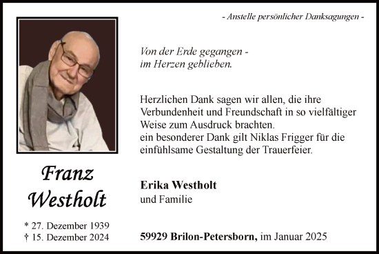 Traueranzeige von Franz Westholt von WA