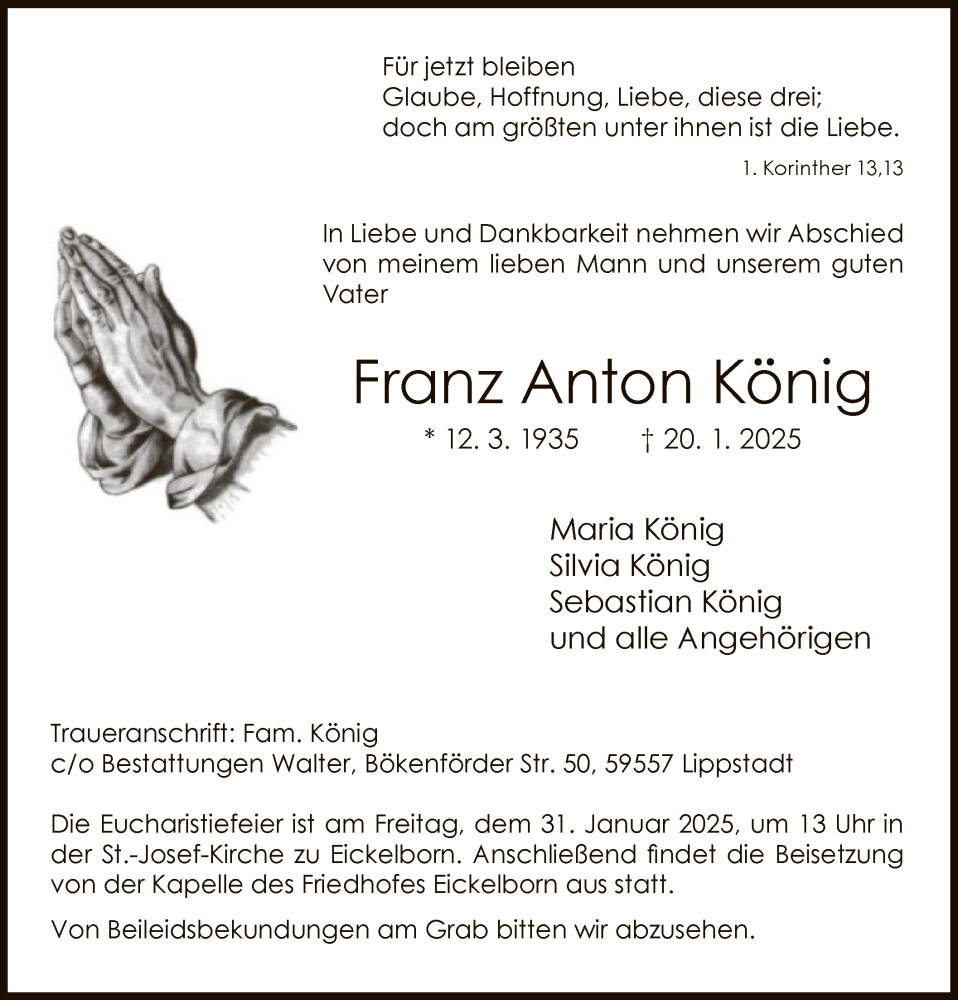  Traueranzeige für Franz Anton König vom 25.01.2025 aus WA