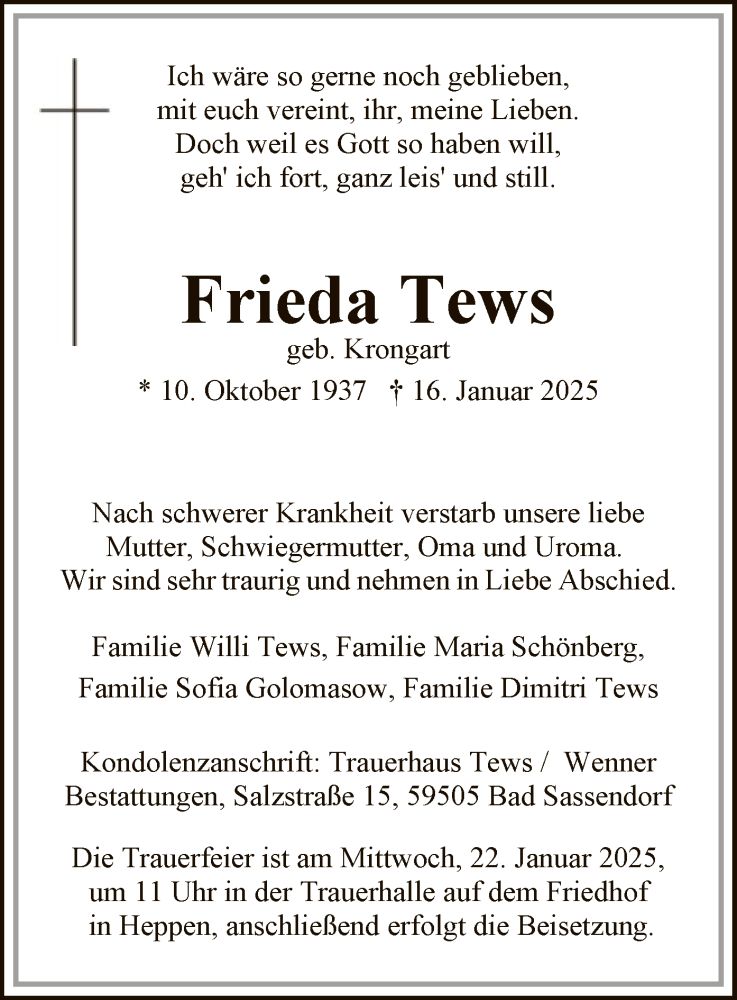  Traueranzeige für Frieda Tews vom 21.01.2025 aus WA