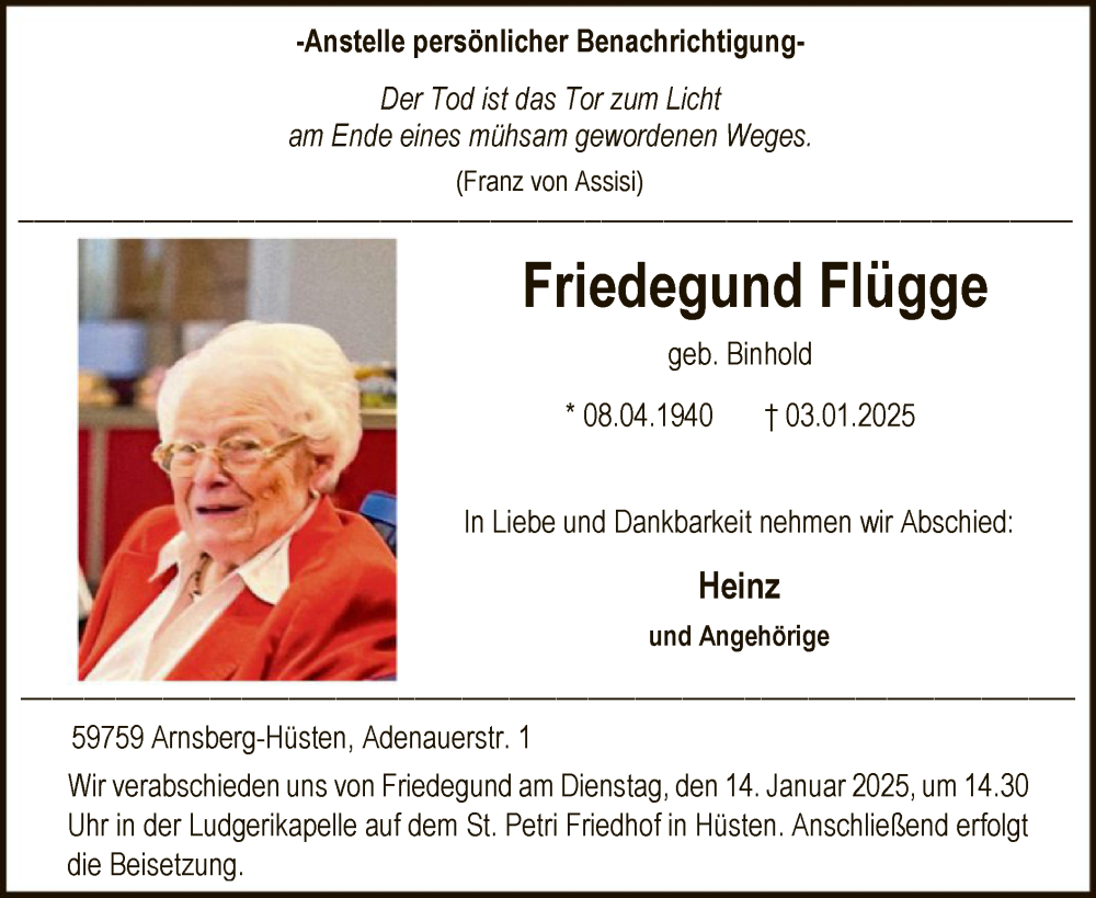  Traueranzeige für Friedegund Flügge vom 11.01.2025 aus WA