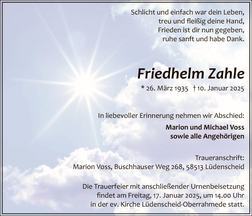  Traueranzeige für Friedhelm Zahle vom 14.01.2025 aus WA