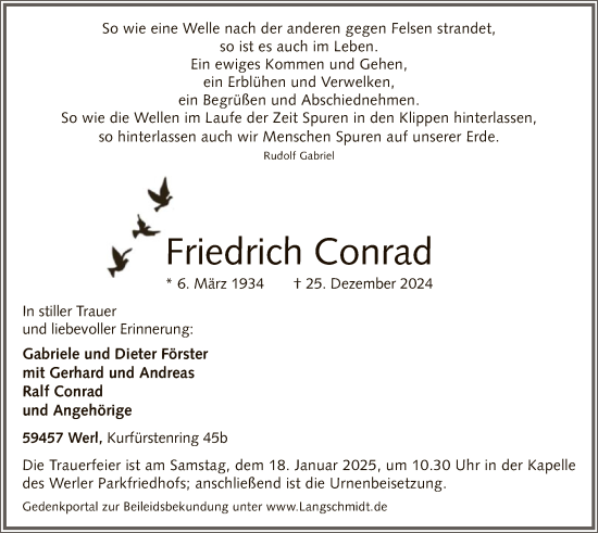 Traueranzeige von Friedrich Conrad von WA