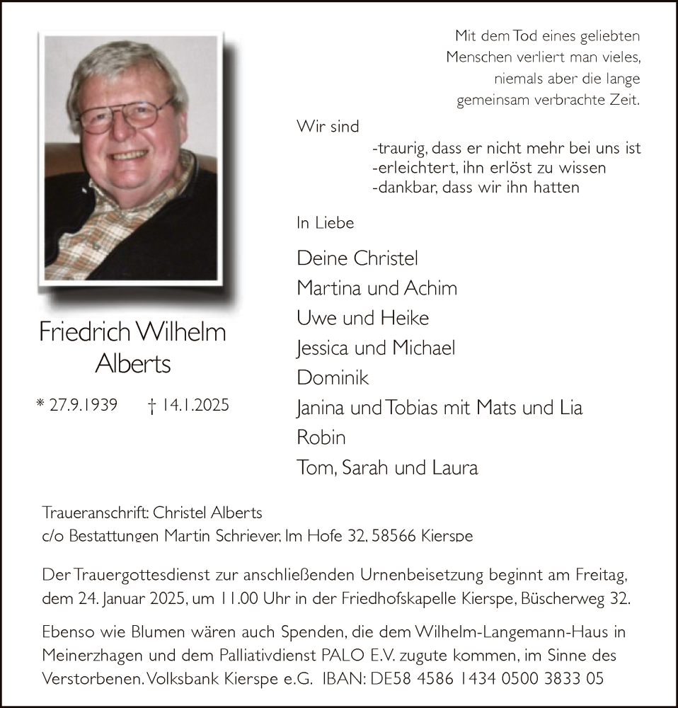  Traueranzeige für Friedrich Wilhelm Alberts vom 18.01.2025 aus WA