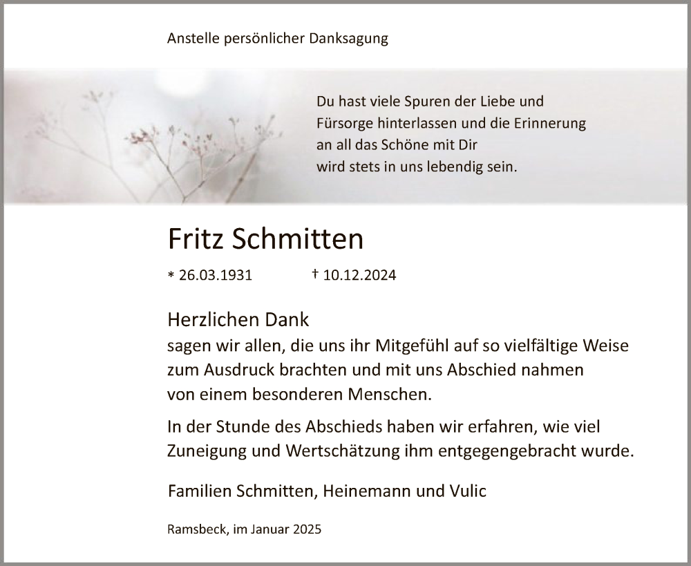  Traueranzeige für Fritz Schmitten vom 18.01.2025 aus WA