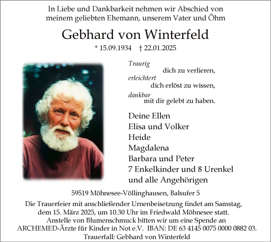 Traueranzeige von Gebhard von Winterfeld von WA