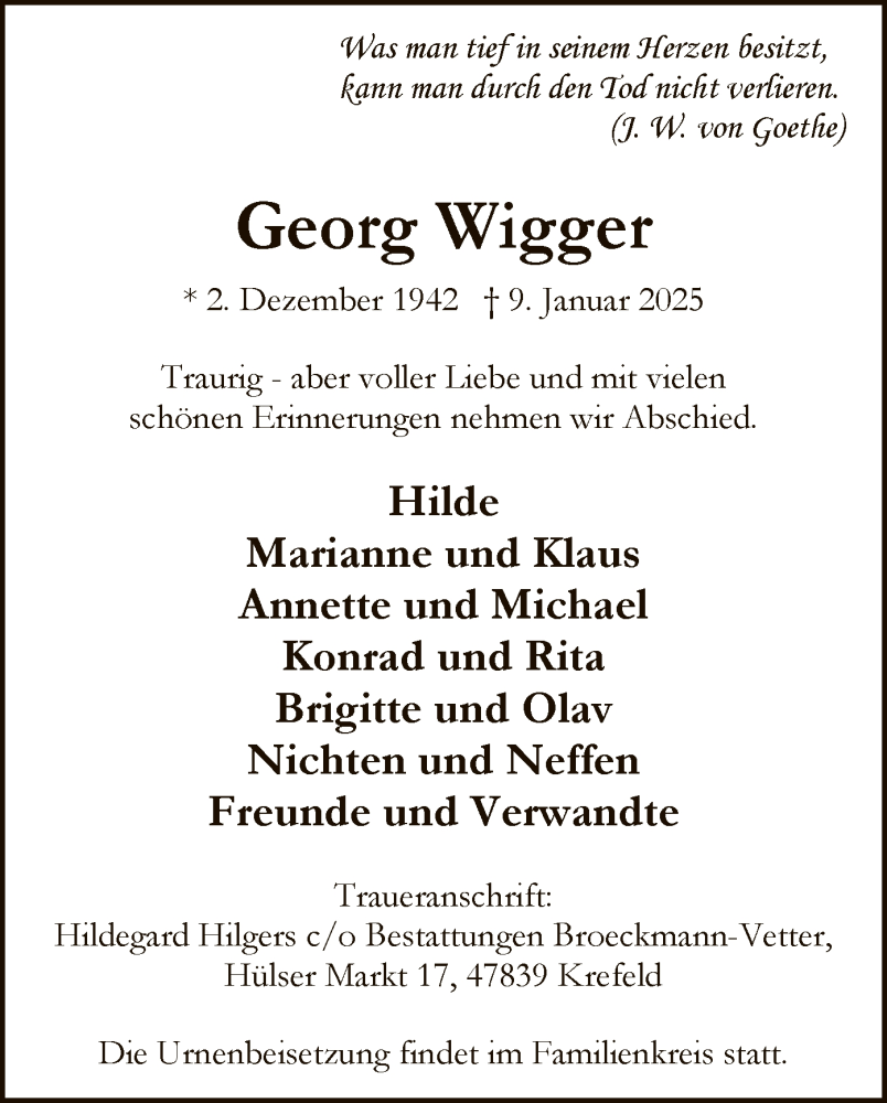  Traueranzeige für Georg Wigger vom 18.01.2025 aus WA
