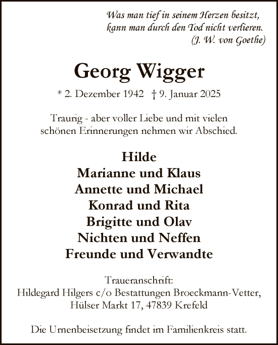 Traueranzeige von Georg Wigger von WA