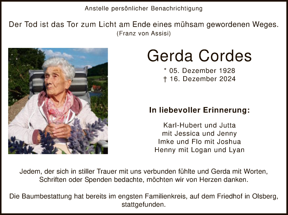  Traueranzeige für Gerda Cordes vom 18.01.2025 aus WA