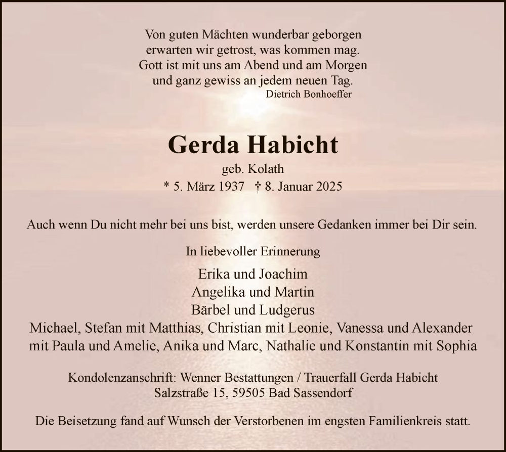  Traueranzeige für Gerda Habicht vom 21.01.2025 aus WA