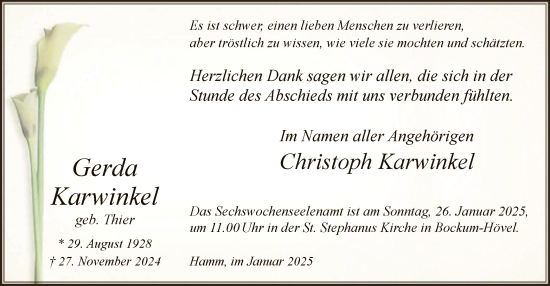 Traueranzeige von Gerda Karwinkel von WA
