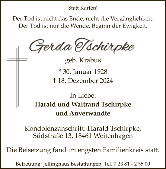 Traueranzeige von Gerda Tschirpe von WA