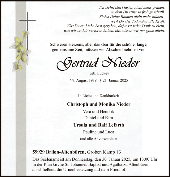Traueranzeige von Gertrud Nieder von WA