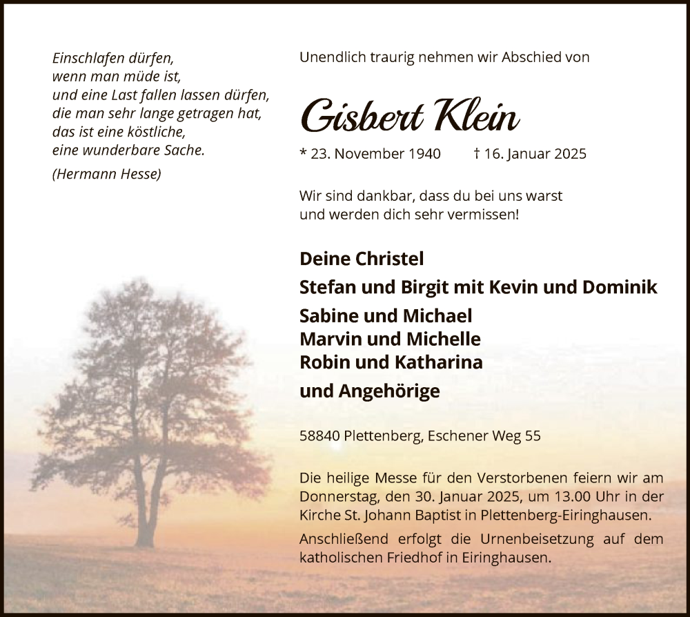  Traueranzeige für Gisbert Klein vom 23.01.2025 aus WA