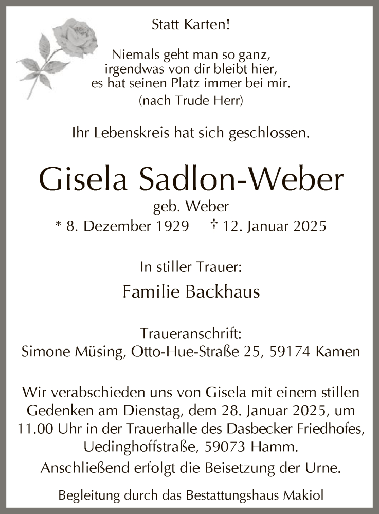  Traueranzeige für Gisela Sadlon-Weber vom 18.01.2025 aus WA