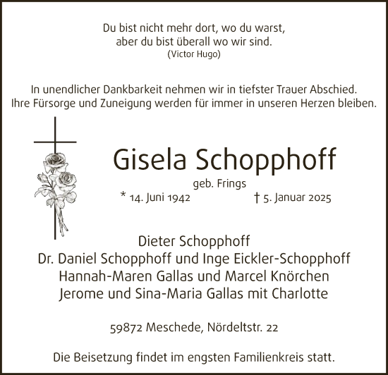 Traueranzeige von Gisela Schopphoff von WA