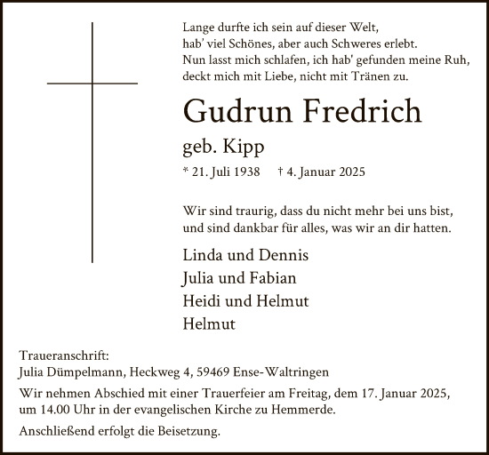 Traueranzeige von Gudrun Fredrich von WA