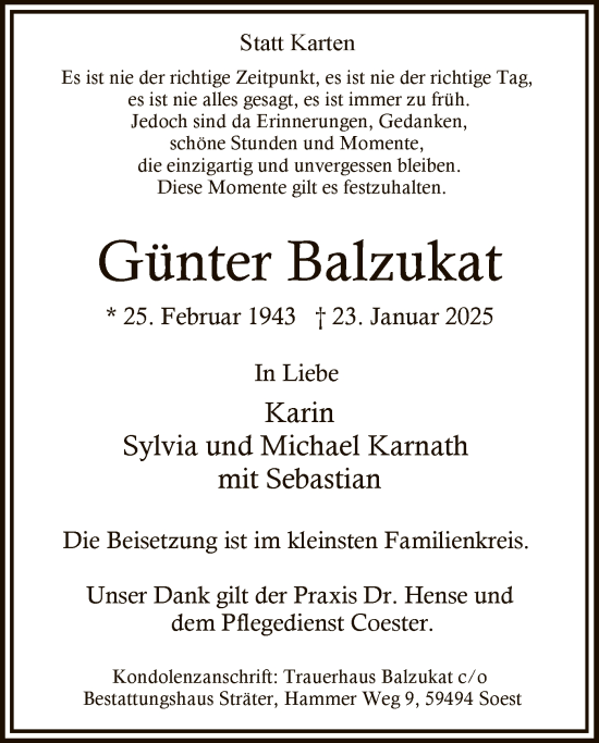 Traueranzeige von Günter Balzukat von WA