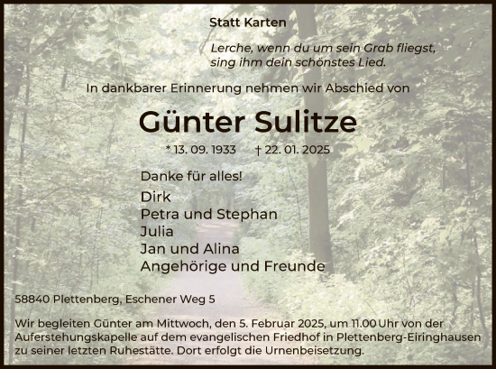 Traueranzeige von Günter Sulitze von WA