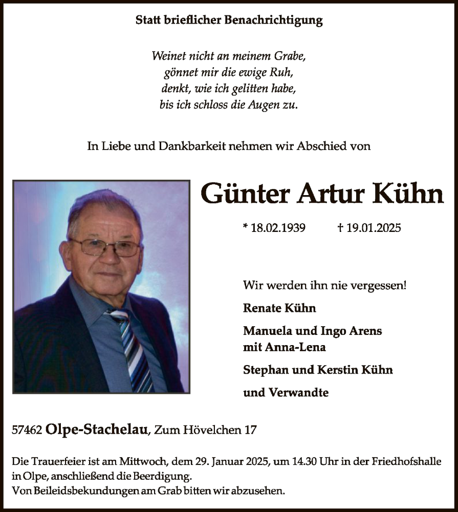  Traueranzeige für Günter Artur Kühn vom 25.01.2025 aus WA