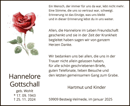 Traueranzeige von Hannelore Gottschall von WA
