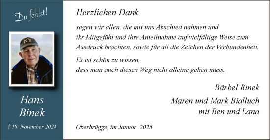 Traueranzeige von Hans Binek von WA