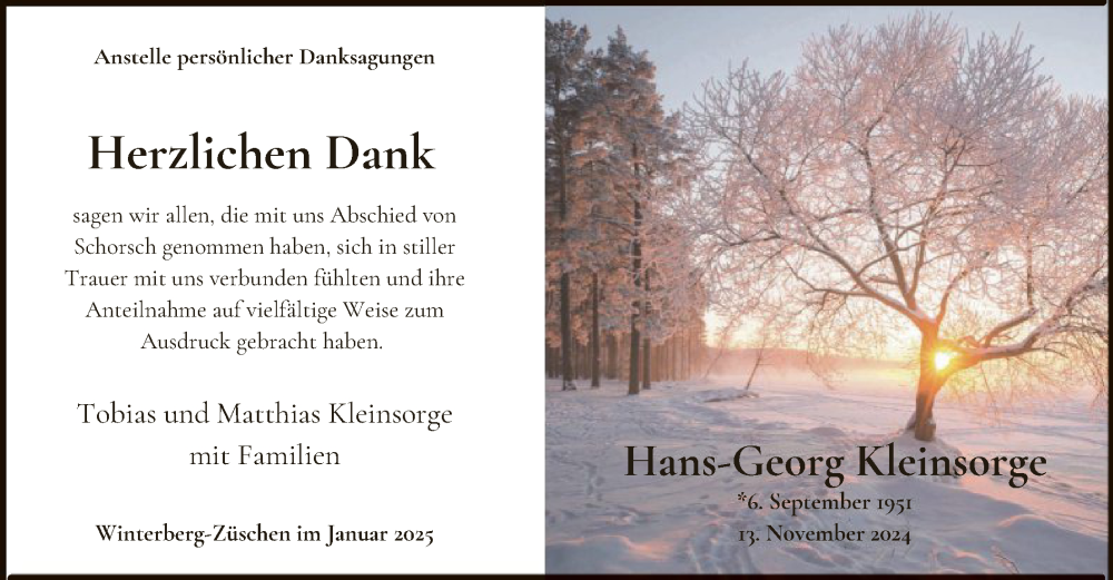  Traueranzeige für Hans-Georg Kleinsorge vom 18.01.2025 aus WA