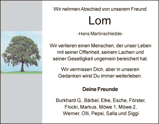 Traueranzeige von Hans Martinschledde von WA