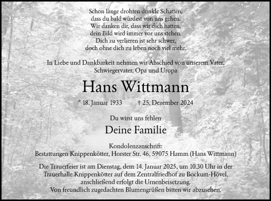 Traueranzeige von Hans Wittmann von WA