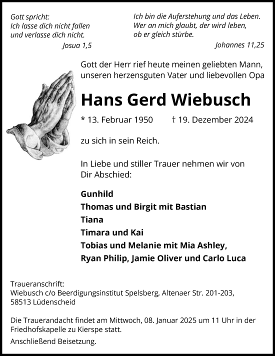 Traueranzeige von Hans Gerd Wiebusch von WA