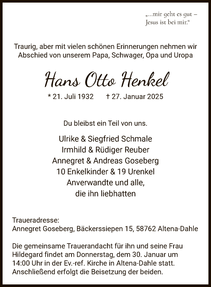 Traueranzeige für Hans Otto Henkel vom 29.01.2025 aus WA