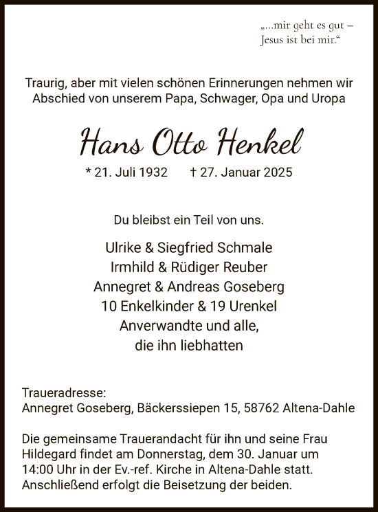 Traueranzeige von Hans Otto Henkel von WA