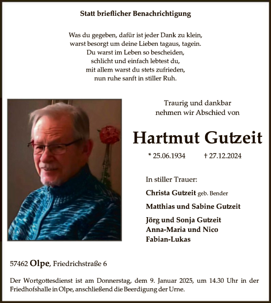 Traueranzeige von Hartmut Gutzeit von WA