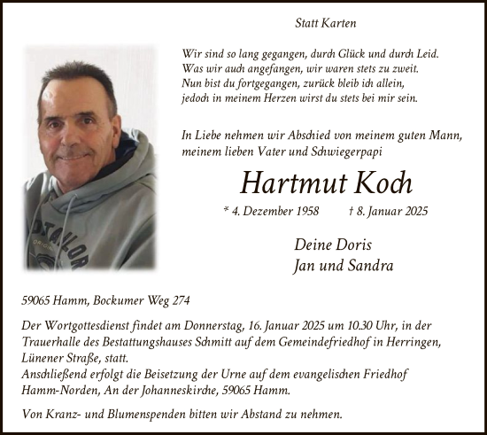 Traueranzeige von Hartmut Koch von WA